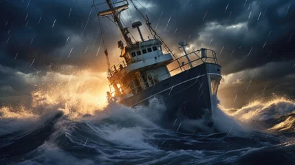Zelfklevend Fotobehang A fishing ship is caught in a severe storm © Fly Frames