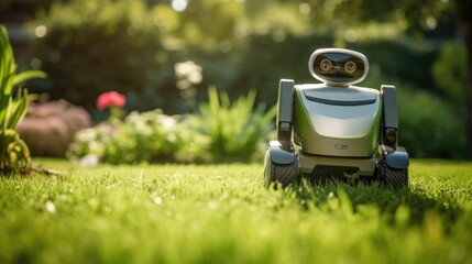 A robot lawnmower cuts grass in garden - obrazy, fototapety, plakaty