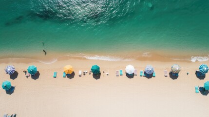 Aerial view of the idyllic sandy beach with umbrellas - obrazy, fototapety, plakaty