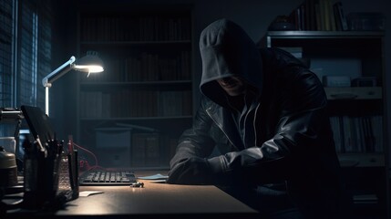 Burglar or intruder inside of a house or office with flashlight - obrazy, fototapety, plakaty