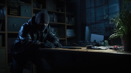 Burglar or intruder inside of a house or office with flashlight - obrazy, fototapety, plakaty