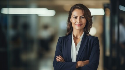 Fototapeta premium Businesswoman smiling while standing with her arms crossed at work , copy space for text