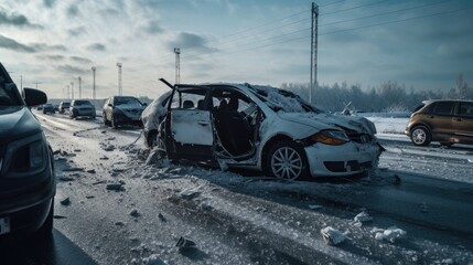 Car Accident on the Freeway driving on a snowy - obrazy, fototapety, plakaty