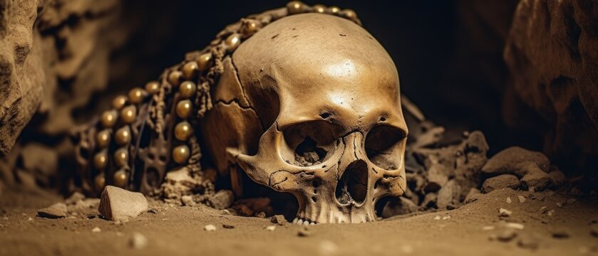 Ancient remnant of a human skull buried in a dusty sandstone tomb, desert sand fills the grave, adorned with pearls and gemstone jewel treasures, final resting place of nobility uncovered.