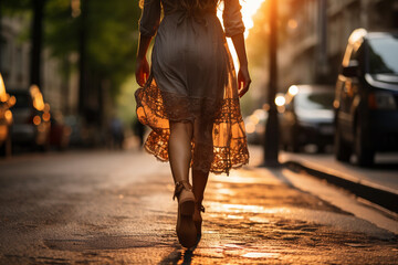 A woman walking in a rain puddle on a rainy day while sunset - obrazy, fototapety, plakaty