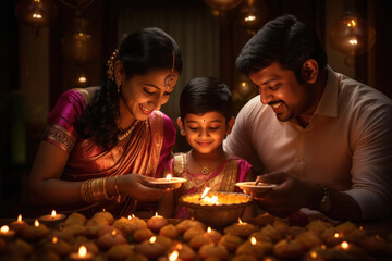 Indian family celebrating diwali festival together at home. - obrazy, fototapety, plakaty