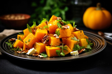 Seasonal roasted pumpkin salad background with empty space for text 