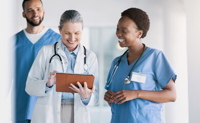 Doctors, healthcare and teamwork on tablet for online management, mentor advice and research...