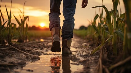 Farmer in rubber boots with jeans standing in the cornfield at sunset
