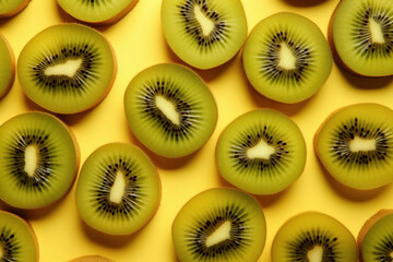 slices of kiwi fruit on yellow background.