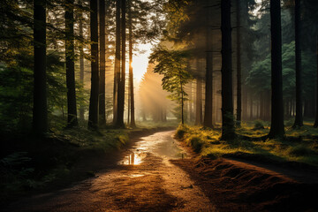 Obraz premium Morning in the forest with sun rays shining through the trees, beautiful landscape