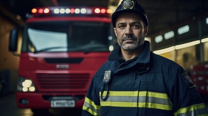 Fireman standing in front of a fire engine