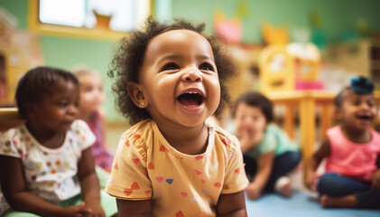 multicultural daycare center with African American toddler babies. Group of workers with babies in nursery or kindergarten playful. - obrazy, fototapety, plakaty