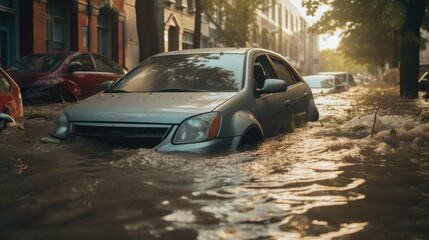 Flooded cars on on city street
