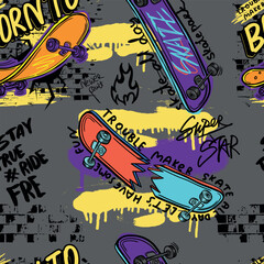 skateboard seamless pattern. Seamless bright abstract pattern with skateboard. Prints for T-shirts, textiles, clothes, sports, and more