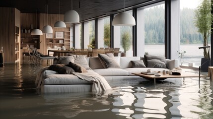 Flooded modern furniture in the house