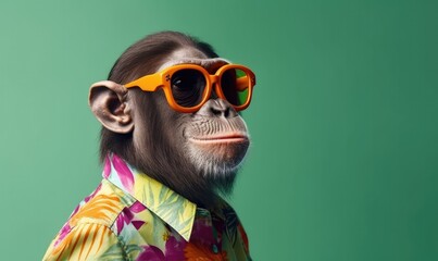 Happy monkey with sunglasses and colorful shirt peek - obrazy, fototapety, plakaty