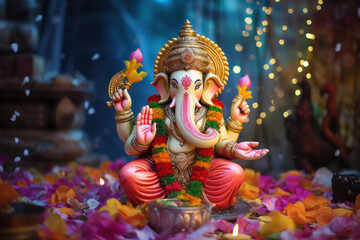 Beautiful and colorful decorative lord ganesha sculpture. - obrazy, fototapety, plakaty