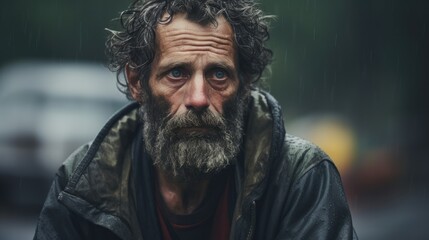 Homeless man asking for help in public - obrazy, fototapety, plakaty