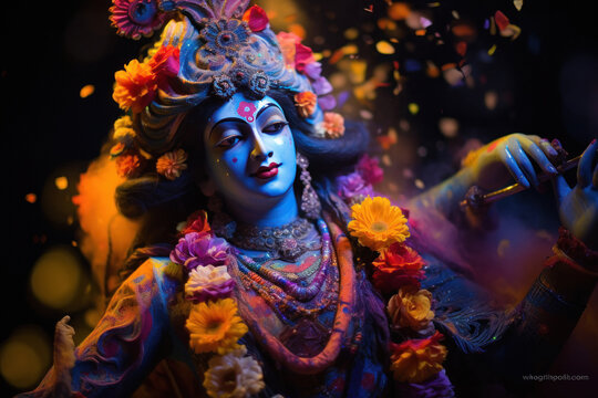Colorful idol of Lord Krishna decorated with flowers