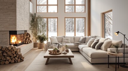 Luxurious Scandinavian light living room in country villa