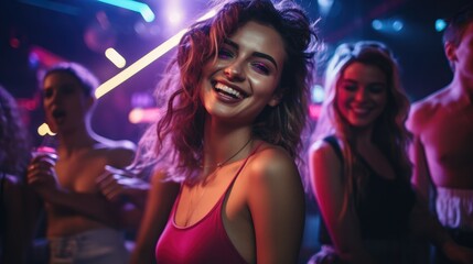 Young women dancing in a nightclub in neon lights
