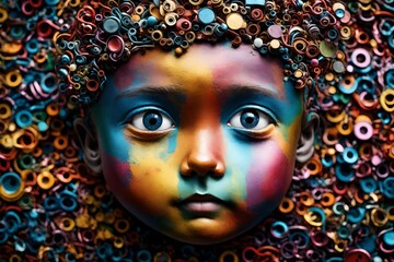 a unique child face made of colorful metal