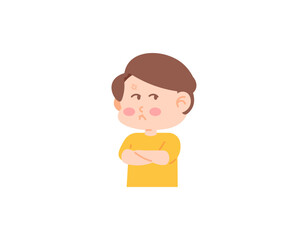 illustration of a boy who is angry and annoyed. crossed his arms and looked away. cute and adorable boy character. facial expression. flat or cartoon people illustration design. vector elements