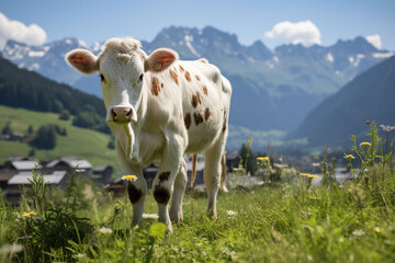 Fototapeta na wymiar A cow grazing in a meadow in the summer while sunny day