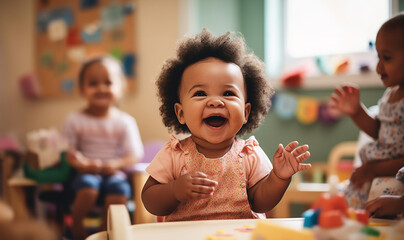 multicultural daycare center with African American toddler babies. Group of workers with babies in nursery or kindergarten playful. - obrazy, fototapety, plakaty