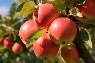 Naklejka premium Sunlight falling on fresh red apples in the garden