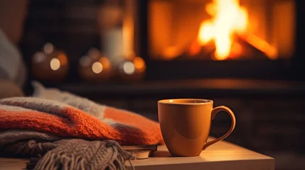 Foto op Canvas Mug with hot tea standing on a chair with woolen blanket in a cozy living room with fireplace © Fly Frames