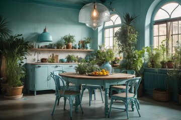 Rustic interior kitchen with rounded dining table with plants around, vintage light blue design. Generative Ai.
