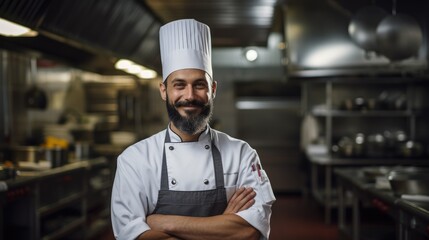 Portrait of chef man in background professional kitchen - obrazy, fototapety, plakaty