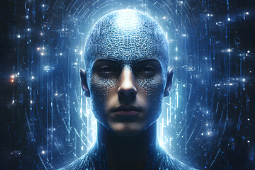 futuristic human face with cyborg brain as intelligence, robotics, technology, future concept, generative ai