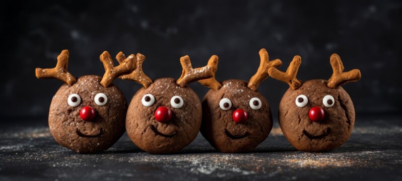 Christmas Saint Nicholas Food Bakery Bake Baking Photography Background - Closeup Of Reindeer Rudolph Cookies With Santa Claus Hat On Black Concrete Table