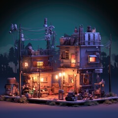 Naklejka premium Post-Apocalyptic Cityscape At Night 3d illustration