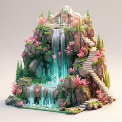 Enchanted Forest Waterfall 3d illustration
