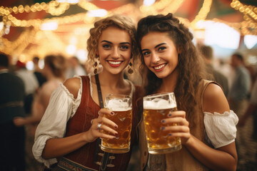 dos mujeres vestidas con el traje tradicional aleman con dos jarras de cerveza con fondo borroso en un evento con gente. Concepto celebraciones, oktober fest - obrazy, fototapety, plakaty