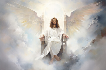 Jesus Christ sits in a white robe with angel wings in a chair in heaven, bright heavenly clouds surround him