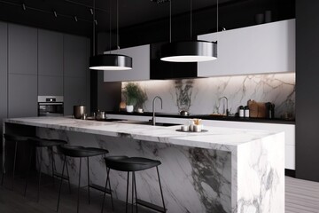Modern interior. Minimalist kitchen design. The kitchen countertops consist of white marble illuminated by lights.