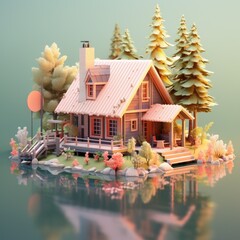 Tranquil Lakeside Cabin 3d illustration