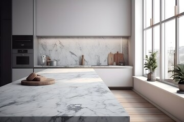 This is a close-up of a kitchen counter with a white marble countertop.