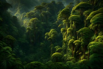 Generate an image of a lush, untouched rainforest teeming with biodiversity