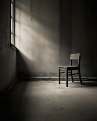 Fototapeta na wymiar Vintage wooden chair in a dimly lit room. Lonely chair in an empty room. Grungy interior.