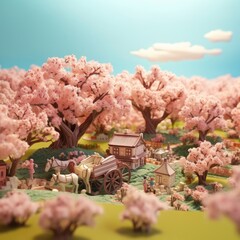 Tranquil Cherry Blossom Orchard 3d illustration