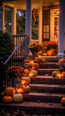 Obraz premium Cozy porch decorated with pumpkins and autumn decor, orange flowers in pots.