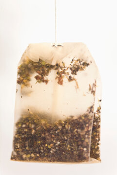 Close up of a wet bag of green tea
