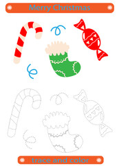 Trace and color. Tracing lines for children. Christmas, Christmas sock, stocking, boot, candy handwriting practice development.Vector EPS10