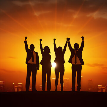 Silhouette of  Triumphant Business Team Celebrating Success at Sunset: Leadership, Teamwork, and Achievement